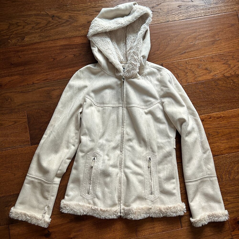 Jones New York Faux Suede Women's Zippered Jacket - Off White - Faux Fur Hood